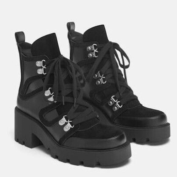 Zara Shoes - Zara Combat Boots Faux Vegan Suede & Leather Lace Moto Black Womens Size 39 US 8